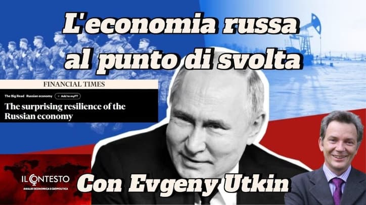 L’economia russa al punto di svolta Collage con l'economia russa a un punto di svolta, con Putin, Utkin e immagini a tema russo sullo sfondo.