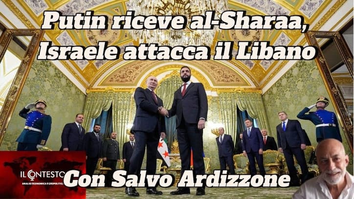 Putin riceve al-Sharaa, Israele attacca il Libano Putin stringe la mano ad Al-Sharaa in una sala ornata mentre i funzionari guardano; il titolo cita il conflitto tra Israele e Libano.