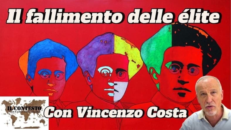 Il fallimento delle élite Tre ritratti stilizzati su sfondo rosso, con riferimento al fallimento delle élite, con una piccola foto di un uomo nell'angolo.