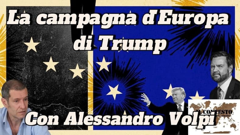 Un collage con Trump, Alessandro Volpi, bandiere dell'UE e "Trump contro Europa" sulla campagna europea di Trump.