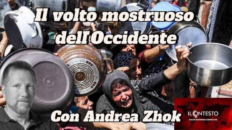 Un gruppo protesta con pentole e padelle di metallo, con il volto mostruoso di un uomo visibile sulla sinistra. Prevale l'atmosfera occidente.