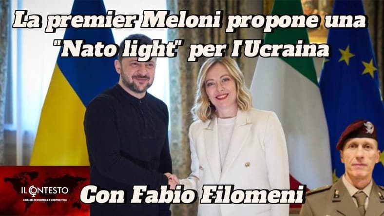 La premier Meloni propone una “Nato light” per l’Ucraina Il premier italiano Meloni stringe la mano al presidente ucraino Zelensky in occasione di un evento Nato light, funzionari vicini.