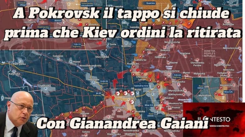 A Pokrovsk, il tappo si chiude prima che Kiev ordini la ritirata Mappa delle linee del fronte in Ucraina con testo italiano su Pokrovsk, con un uomo con gli occhiali e il logo del Contesto.