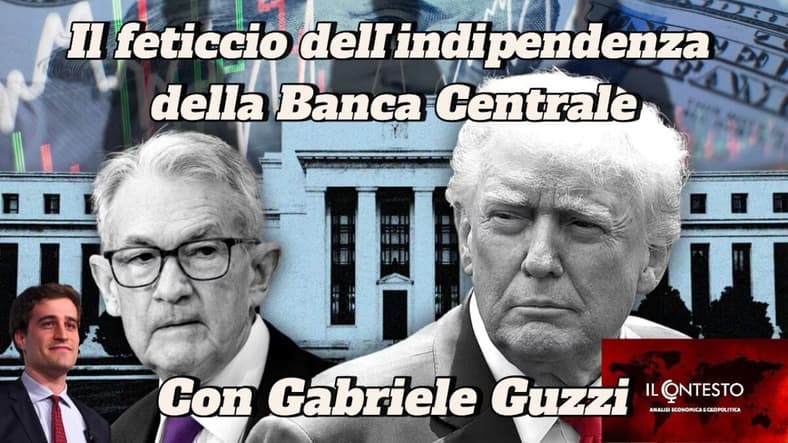 Collage con Gabriele Guzzi, Jerome Powell e Donald Trump con testo in italiano sull'economia italiana e l'indipendenza delle banche centrali.