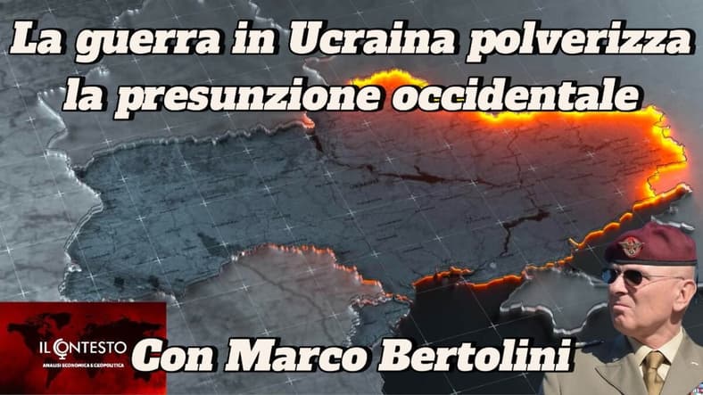 Gli attacchi aerei e missilistici russi si intensificano Mappa dell'Ucraina incandescente, sovrapposta a testo italiano su attacchi aerei e missilistici russi; uomo in tenuta militare in un angolo.
