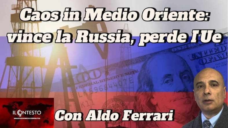 «Financial Times»: la Russia è il vero vincitore del conflitto in Medio Oriente Testo in italiano su un'immagine di trivelle, soldi e uomini: Caos in Medio Oriente, adesione alla Nato e Russia vincente.