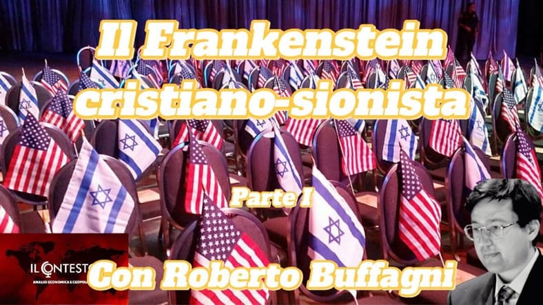 La deriva fondamentalista degli Stati Uniti File di sedie con bandiere americane e israeliane, testo italiano su Roberto Buffagni, titolo dell'evento e menzione del caso Epstein.