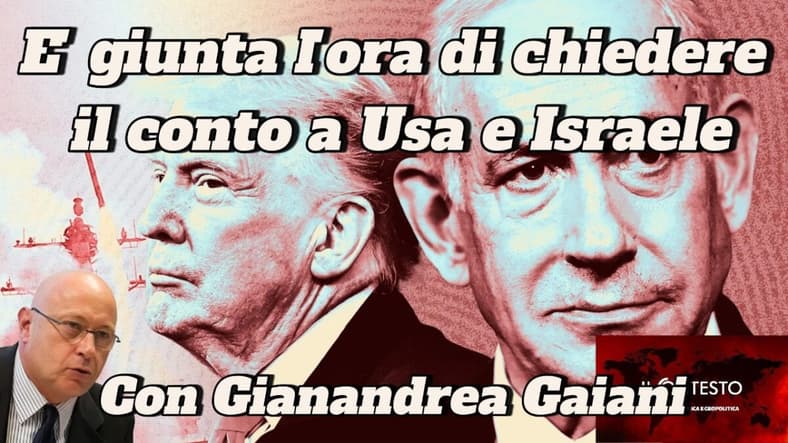 I volti di Trump e Netanyahu con testo italiano in grassetto su USA, Israele, Barnea e Gianandrea Gaiani in un segmento del telegiornale.