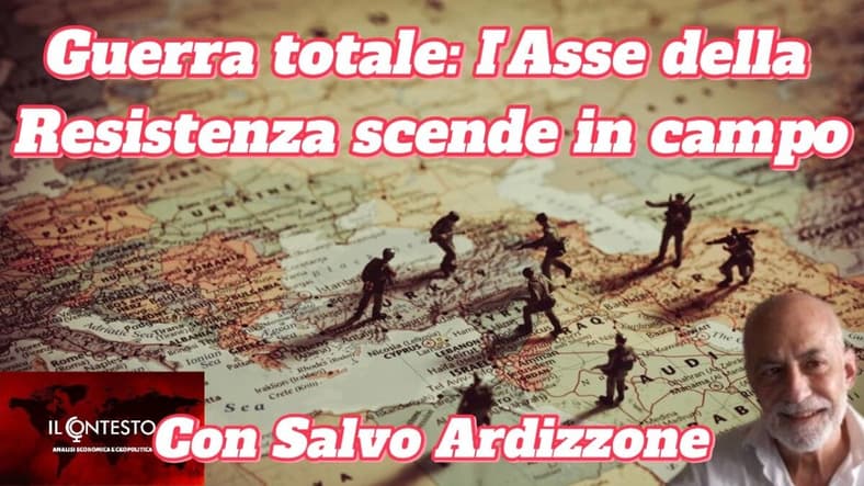 Larijani assassinato: cosa cambia per l’Iran? Una mappa con soldatini, sovrapposta a un testo italiano sulla resistenza e a una foto di Larijani sorridente in un angolo.
