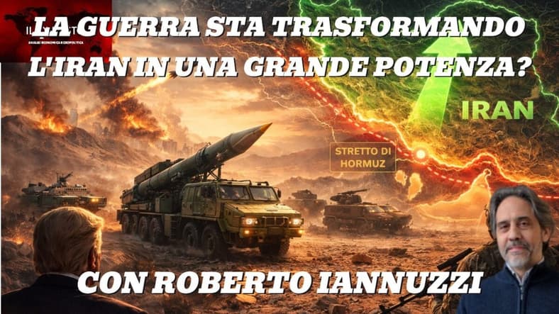 Robert Pape: la guerra sta trasformando l’Iran in una grande potenza Una drammatica scena di guerra con carri armati, missili, mappe dell'Iran e testi sull'ascesa dell'Iran, con Robert Pape e Roberto Iannuzzi.
