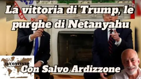 La vittoria di Trump, le purghe di Netanyahu Due uomini in giacca e cravatta siedono su sedie in un ufficio; un testo in grassetto di purghe italiane si sovrappone all'immagine con il ritratto di un uomo nell'angolo.