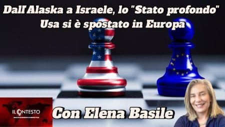 Dall’Alaska a Israele, lo “Stato profondo” statunitense si è trasferito in Europa Due pezzi di scacchi con le bandiere degli Stati Uniti e dell'Unione europea su una scacchiera con Stati Uniti, Europa e un ritratto di donna nell'angolo.