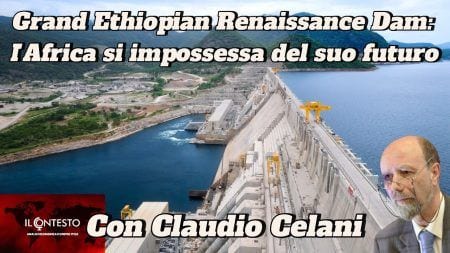 Grand Ethiopian Renaissance Dam: l’Africa si impossessa del suo futuro Una grande diga attraversa un fiume in Africa con montagne alle spalle, facendo riferimento alla Grand Ethiopian Renaissance Dam e al suo futuro.